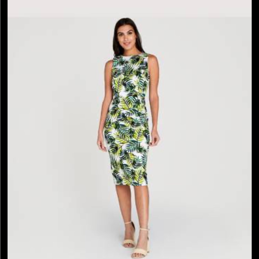 Apricot Apri Tropical Palm Leave Ruched Bodycon Dress, NWT, Size S